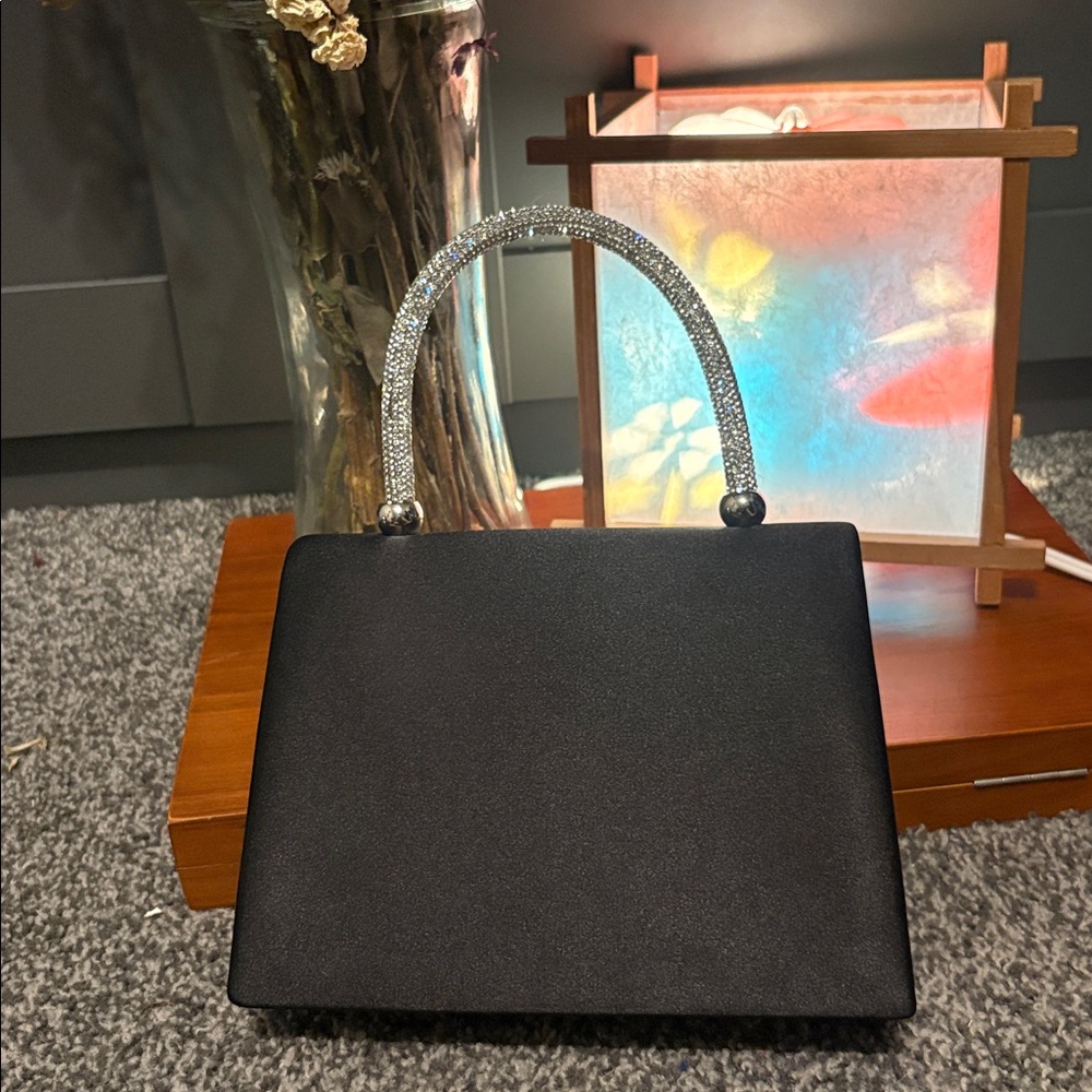 Satin Black Rhinestone Bag with Bow - Picture 5 of 6